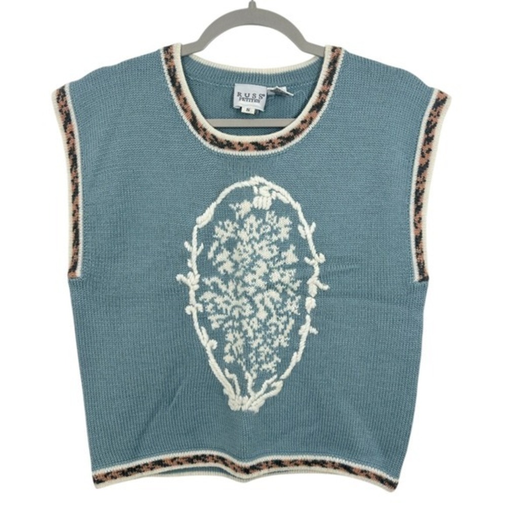 Russ Petites Blue Sweater Vest Women's Size S Floral Motif Leopard Trim‎ Knit